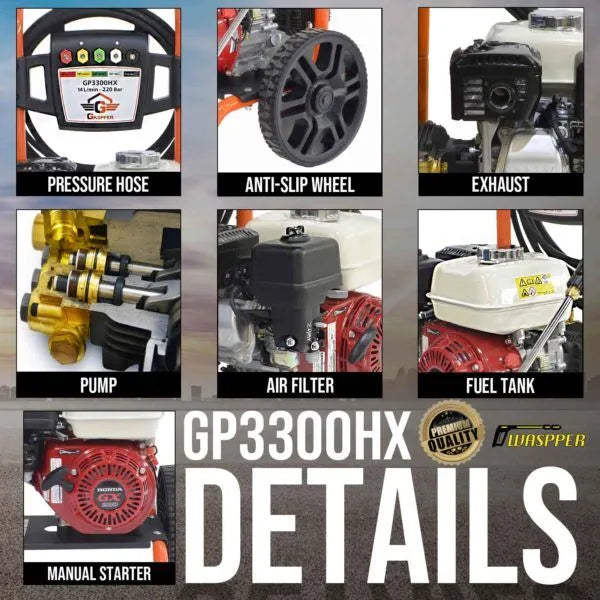 Gaspper GP3300HX benzínový vysokotlaký čistič, s motorem Honda, 5.8 HP, 220 bar/3.200 PSI