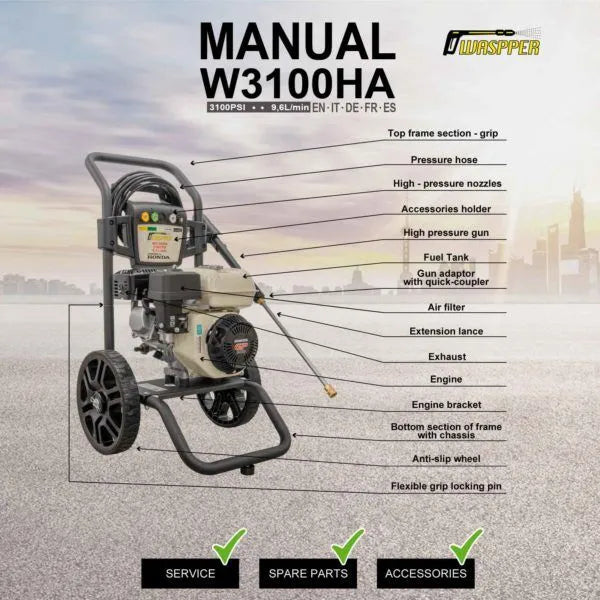 Waspper W3100HA, benzínový vysokotlaký čistič, s motorem Honda, 5,5 HP, 213 bar/3.100 PSI