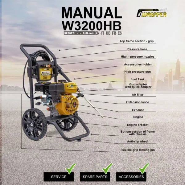 Waspper W3200HB benzínový vysokotlaký čistič, s motorem Peggas, 7.0 HP, 220 bar / 3.200 PSI