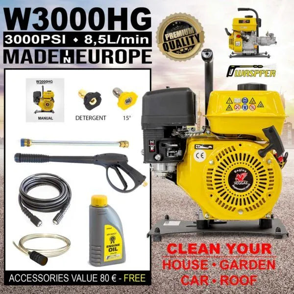 Waspper W3000HG, benzínový vysokotlaký čistič, s motorem Peggas, 5,2 HP, 207 bar / 3 000 PSI