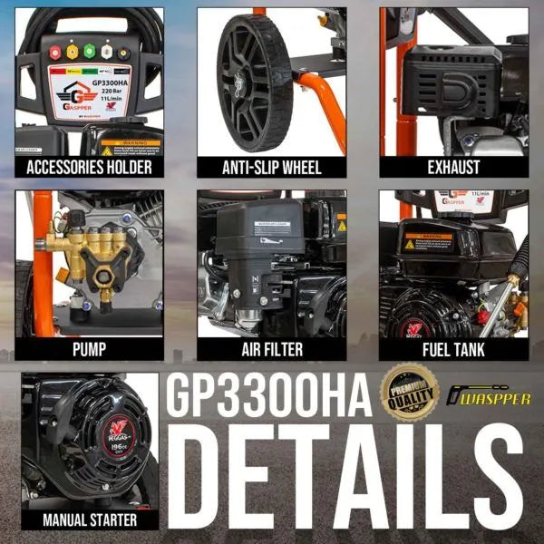 Gaspper GP3300HA benzínový vysokotlaký čistič, s motorem Peggas, 5.5 HP, 220 bar/3.200 PSI