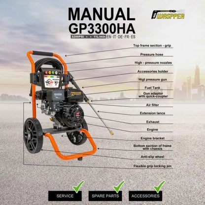 Gaspper GP3300HA benzínový vysokotlaký čistič, s motorem Peggas, 5.5 HP, 220 bar/3.200 PSI