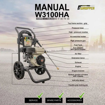 Waspper W3100HA, benzínový vysokotlaký čistič, s motorem Honda, 5,5 HP, 213 bar/3.100 PSI