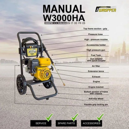 Waspper W3000HA benzínový vysokotlaký čistič, s motorem Peggas, 5.2 HP, 207 bar / 3.000 PSI