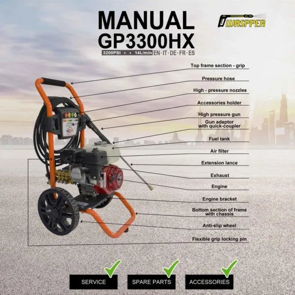 Gaspper GP3300HX benzínový vysokotlaký čistič, s motorem Honda, 5.8 HP, 220 bar/3.200 PSI