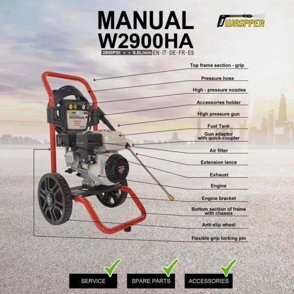 Waspper W2900HA benzínový, vysokotlaký čistič, s motorem Honda, 5,5 HP, 213 bar / 3 100 PSI
