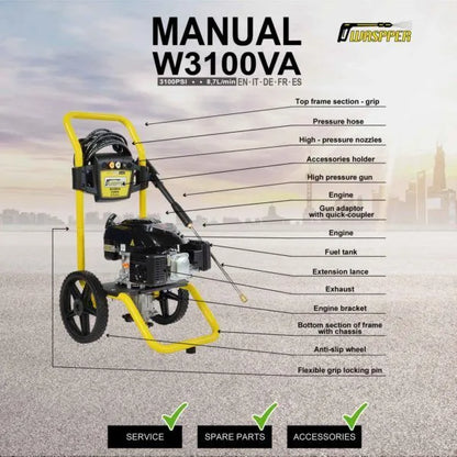 Waspper W3100VA benzínový vysokotlaký čistič, s motorem Ducar, 4.3 HP, 213 bar / 3.100 PSI