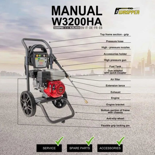 Waspper W3200HA benzínový vysokotlaký čistič,s motorem Honda, 6.5 HP, 220 bar/3.200 PSI