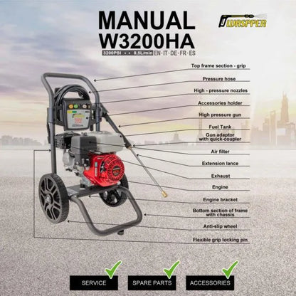 Waspper W3200HA benzínový vysokotlaký čistič,s motorem Honda, 6.5 HP, 220 bar/3.200 PSI