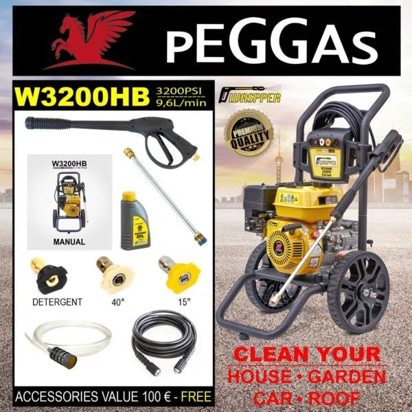 Waspper W3200HB benzínový vysokotlaký čistič, s motorem Peggas, 7.0 HP, 220 bar / 3.200 PSI